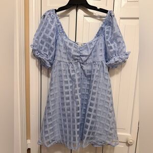 Alison & Kelly baby blue grid block baby doll puff sleeve party dress lined med